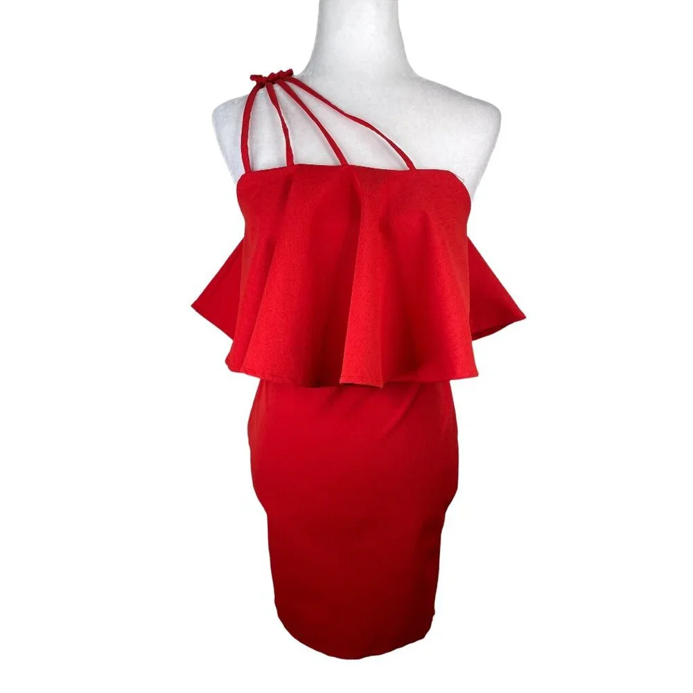 Selfie Leslie Bodycon Mini Dress Strappy Red Ruffle Bombshell Womens Small NWT - Picture 1 of 8